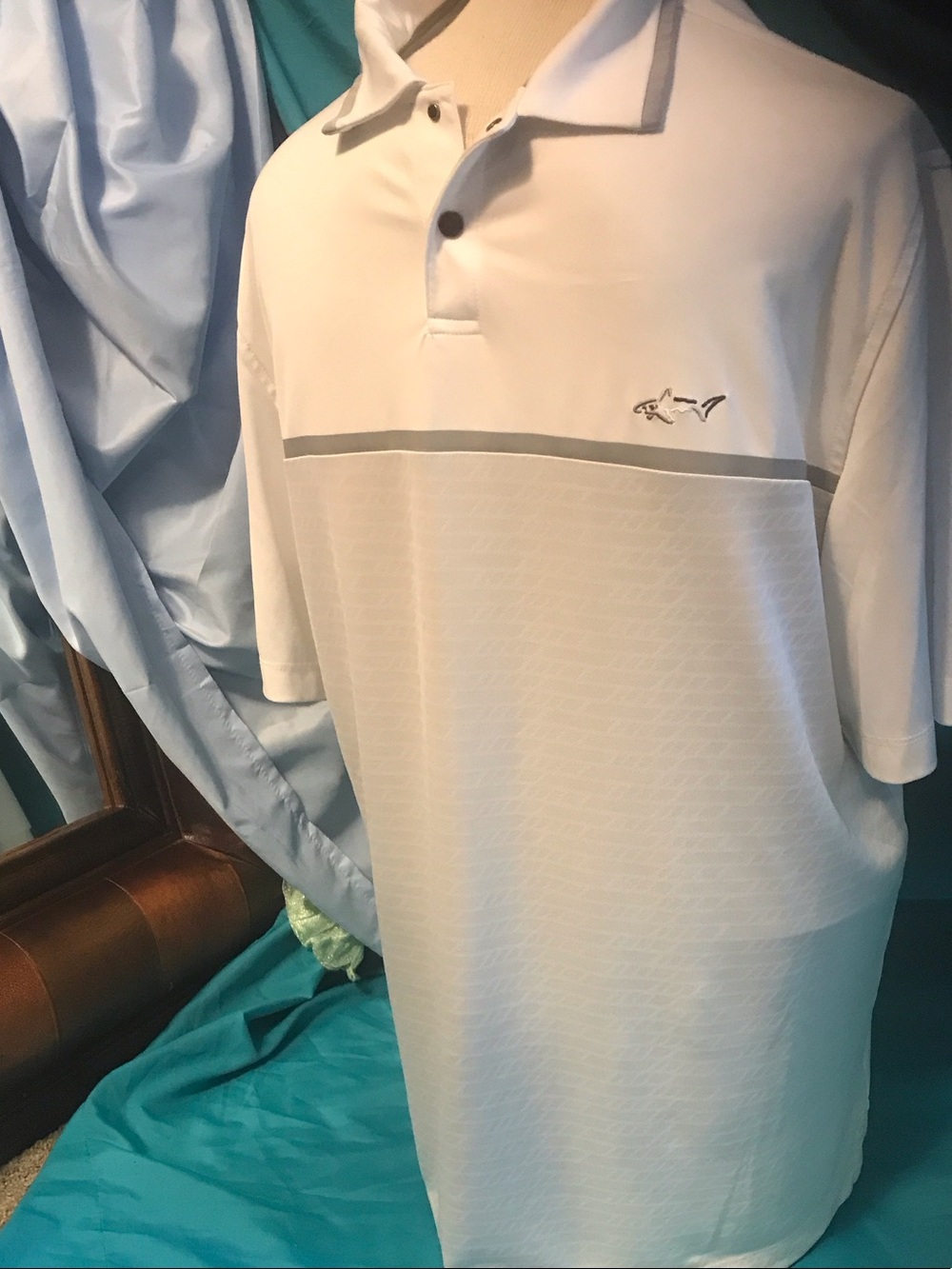 Greg Norman Collection White Polo with Gray Accent and Shark Logo